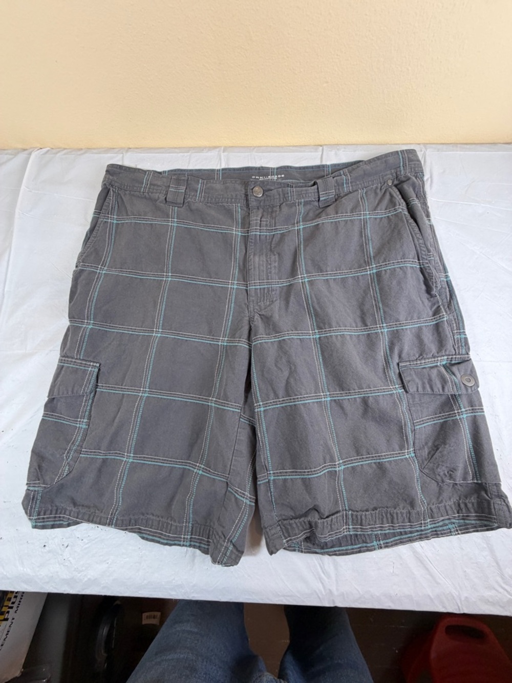 Columbia Gray Cargo Shorts with Light Blue Windowpane Stitching
